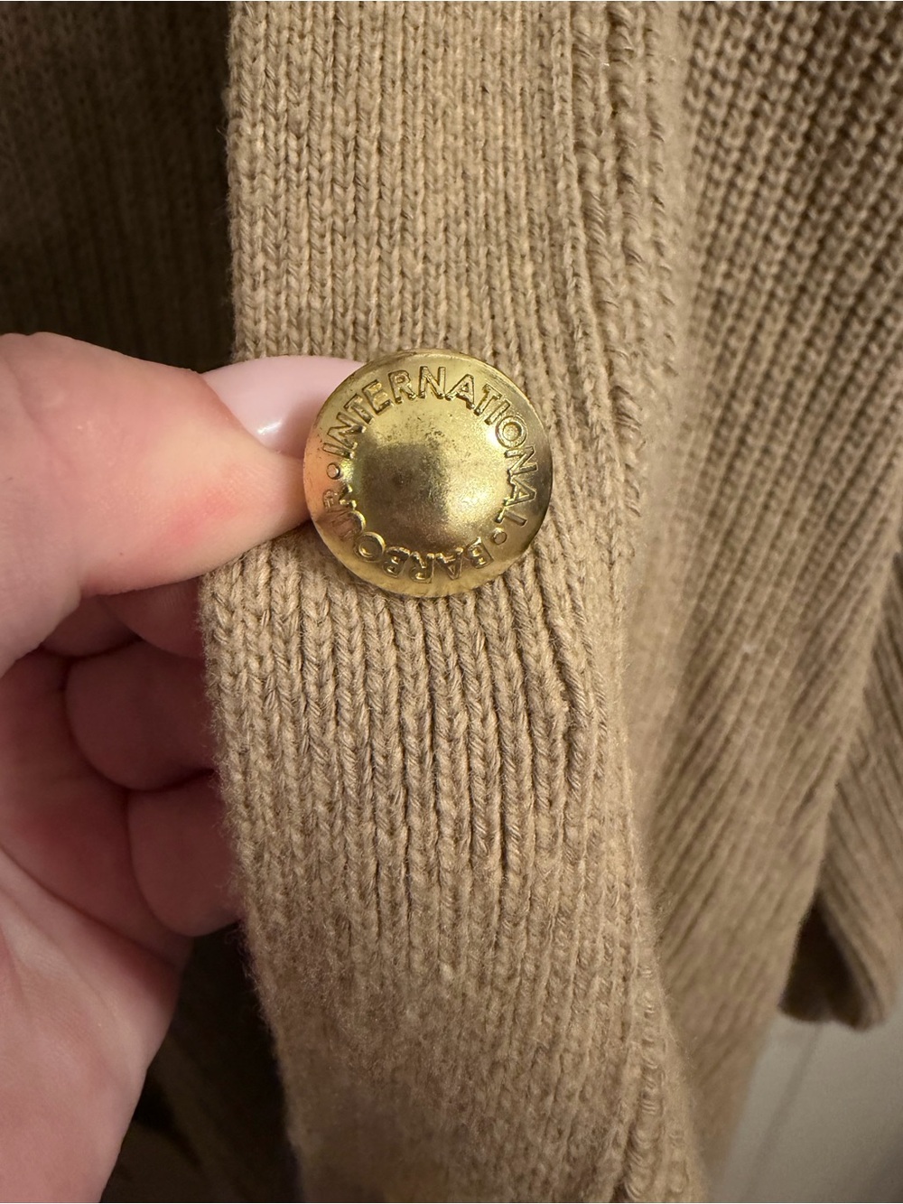 Barbour Tan Ribbed Wool & Cotton Open-Front Cardigan w/ Gold Buttons, Size 10/L - Picture 2 of 8